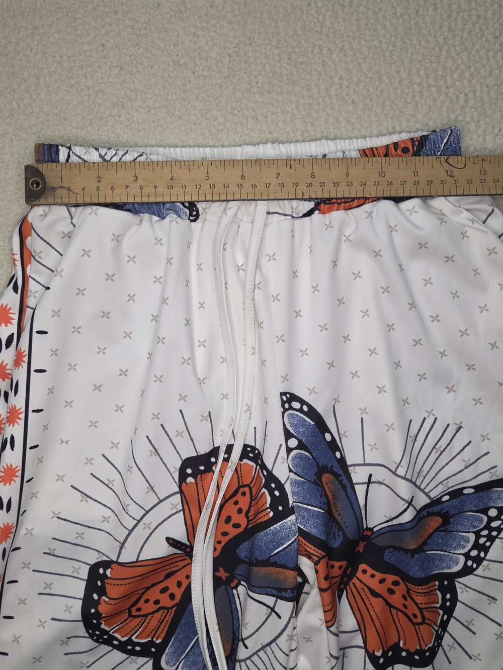 Women's Medium Butterfly Print Drawstring Pants - White, Orange With Flare Legs - Picture 4 of 8